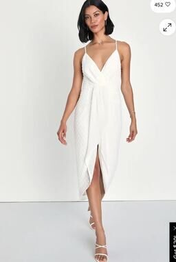 NWT Lulus Stylish Invite White Swiss Dot Surplice Midi Tulip Dress Bridal SZ S
